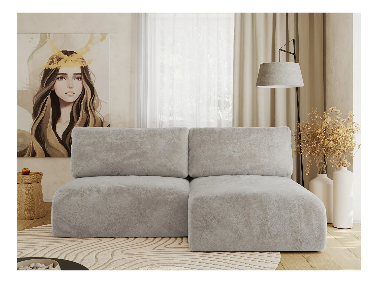 Ecksofa VIVO - L-form Couch mit Schlaffunktion und Bettkasten, Wellenfeder - Hellgrau Plüsch - Ecke Rechts