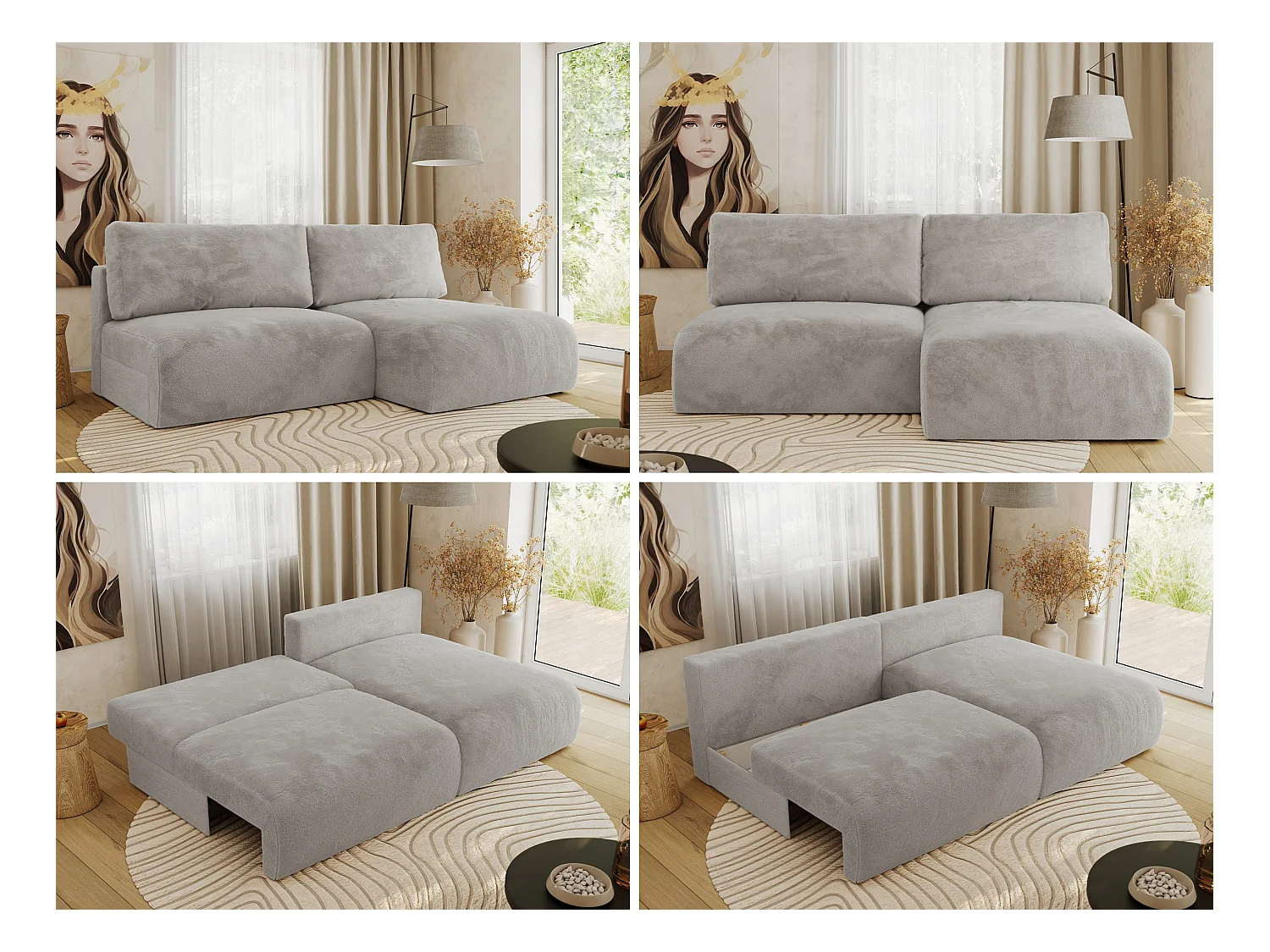 Ecksofa VIVO - L-form Couch mit Schlaffunktion und Bettkasten, Wellenfeder - Hellgrau Plüsch - Ecke Rechts