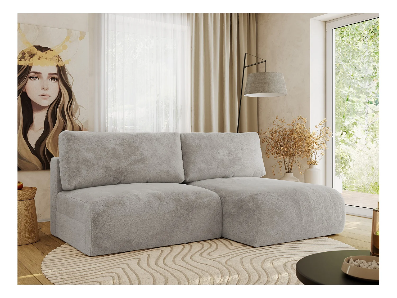 Ecksofa VIVO - L-form Couch mit Schlaffunktion und Bettkasten, Wellenfeder - Hellgrau Plüsch - Ecke Rechts