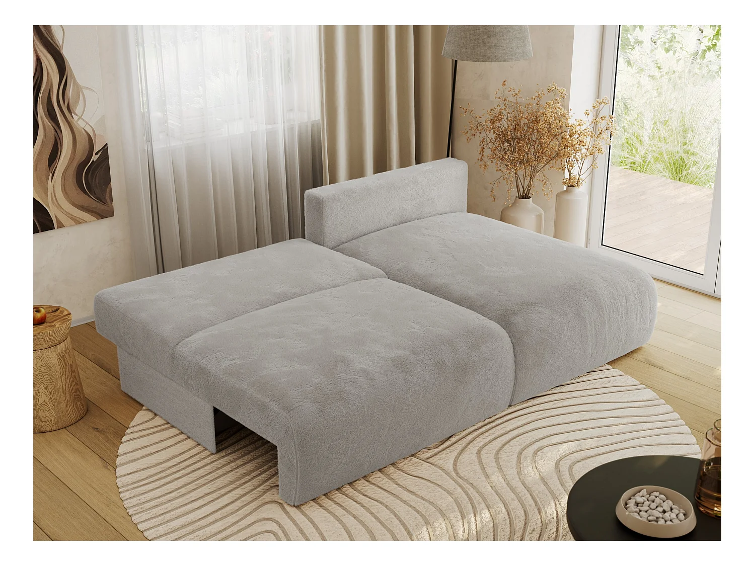 Ecksofa VIVO - L-form Couch mit Schlaffunktion und Bettkasten, Wellenfeder - Hellgrau Plüsch - Ecke Rechts