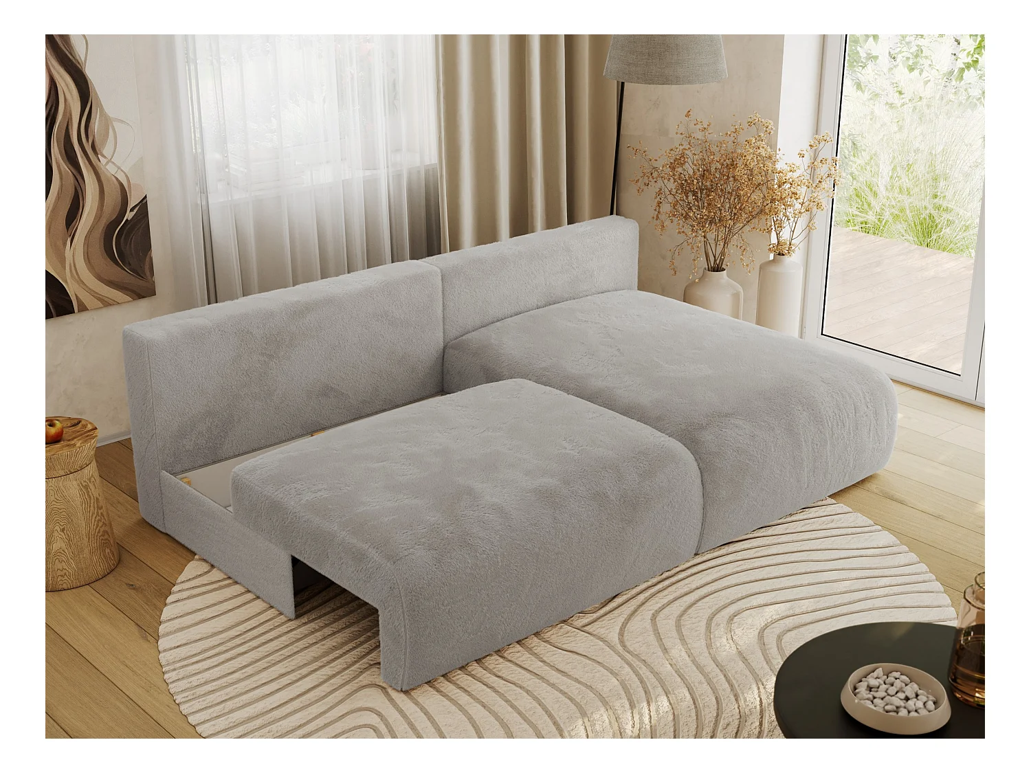 Ecksofa VIVO - L-form Couch mit Schlaffunktion und Bettkasten, Wellenfeder - Hellgrau Plüsch - Ecke Rechts