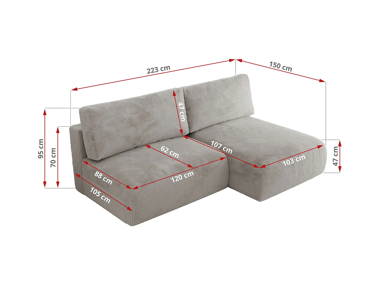 Ecksofa VIVO - L-form Couch mit Schlaffunktion und Bettkasten, Wellenfeder - Hellgrau Plüsch - Ecke Rechts