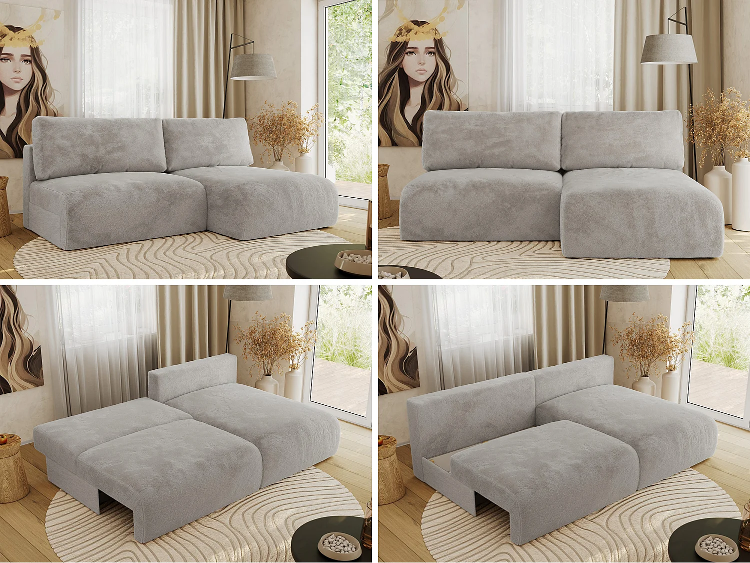 Ecksofa VIVO - L-form Couch mit Schlaffunktion und Bettkasten, Wellenfeder - Hellgrau Plüsch - Ecke Rechts