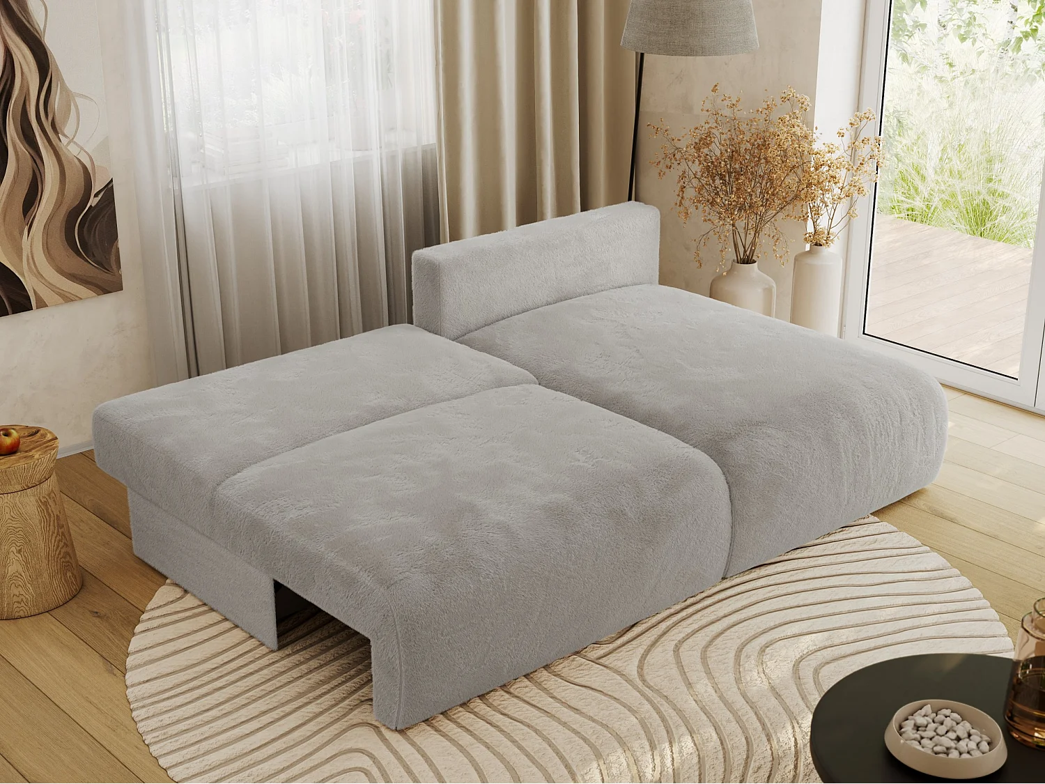 Ecksofa VIVO - L-form Couch mit Schlaffunktion und Bettkasten, Wellenfeder - Hellgrau Plüsch - Ecke Rechts