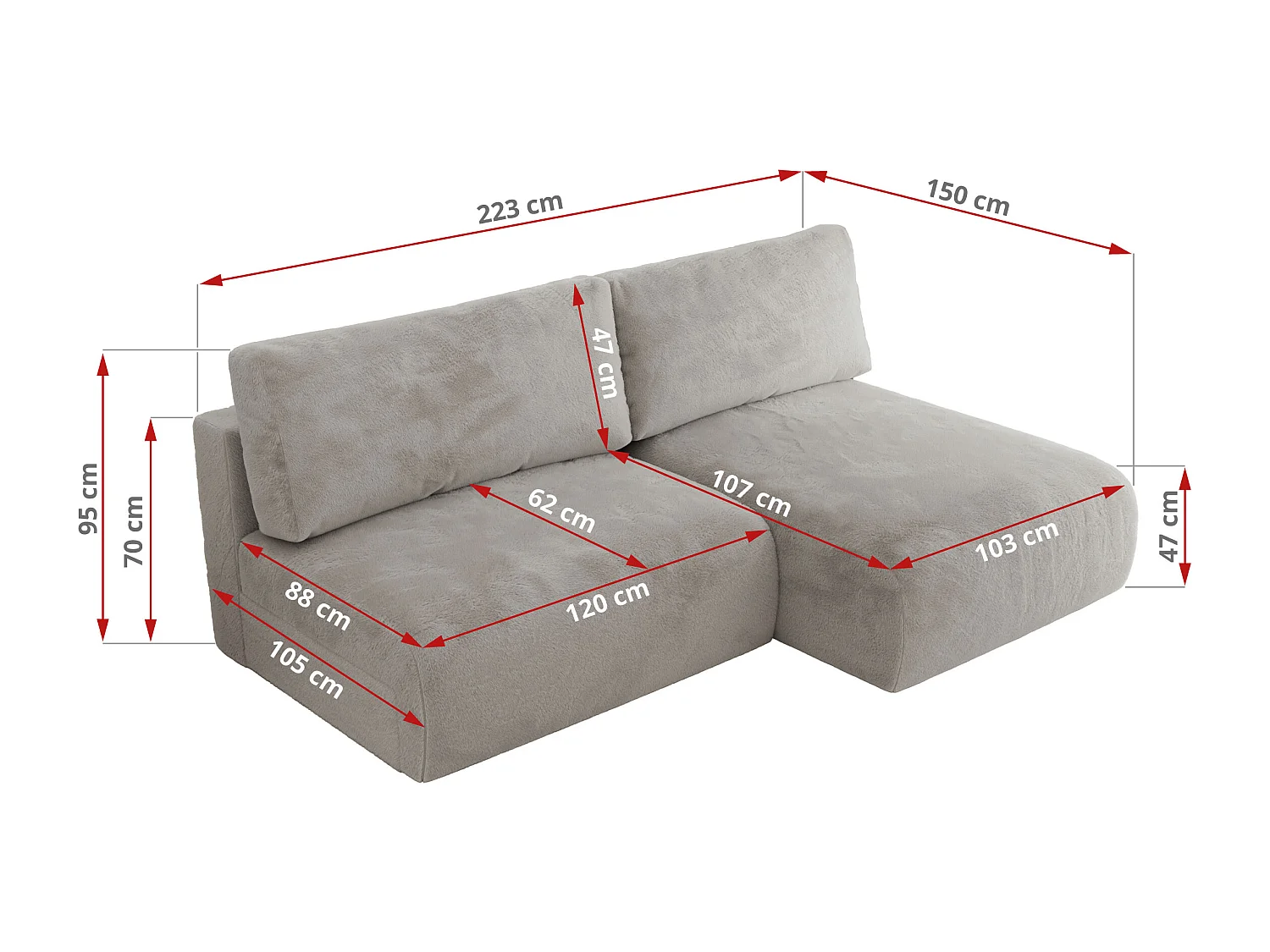 Ecksofa VIVO - L-form Couch mit Schlaffunktion und Bettkasten, Wellenfeder - Hellgrau Plüsch - Ecke Rechts