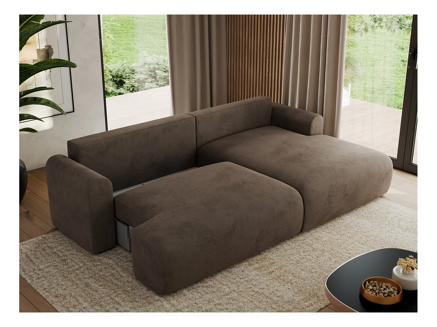 Ecksofa TONO - mit Schlaffunktion und Bettkasten, L-form Ecke, Armlehnen - Braun Velvet - Ecke Rechts