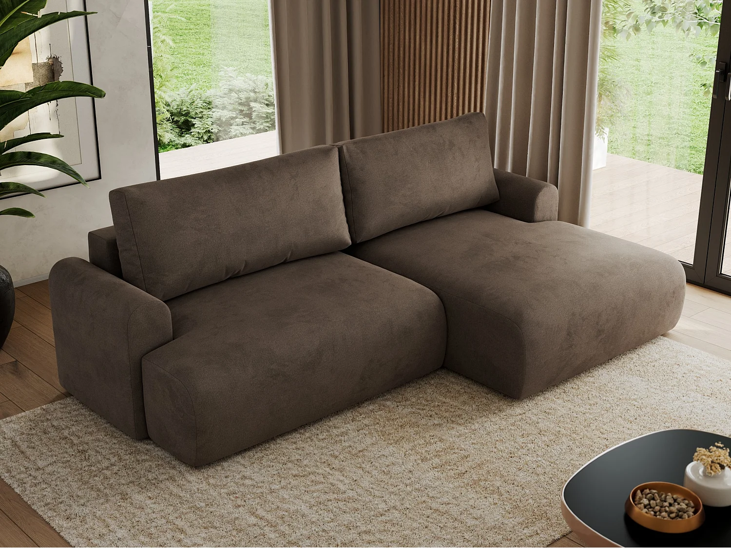 Ecksofa TONO - mit Schlaffunktion und Bettkasten, L-form Ecke, Armlehnen - Braun Velvet - Ecke Rechts