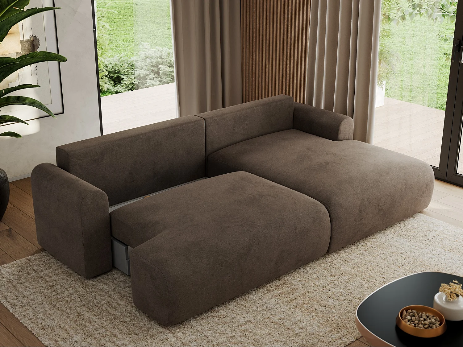 Ecksofa TONO - mit Schlaffunktion und Bettkasten, L-form Ecke, Armlehnen - Braun Velvet - Ecke Rechts