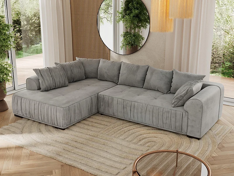 Ecksofa ORTA - Schlaffunktion und Bettkasten, lose Kissen, gesteppter Sitz, L-förmige Ecke - Hellgrau Velvet - Ecke Links