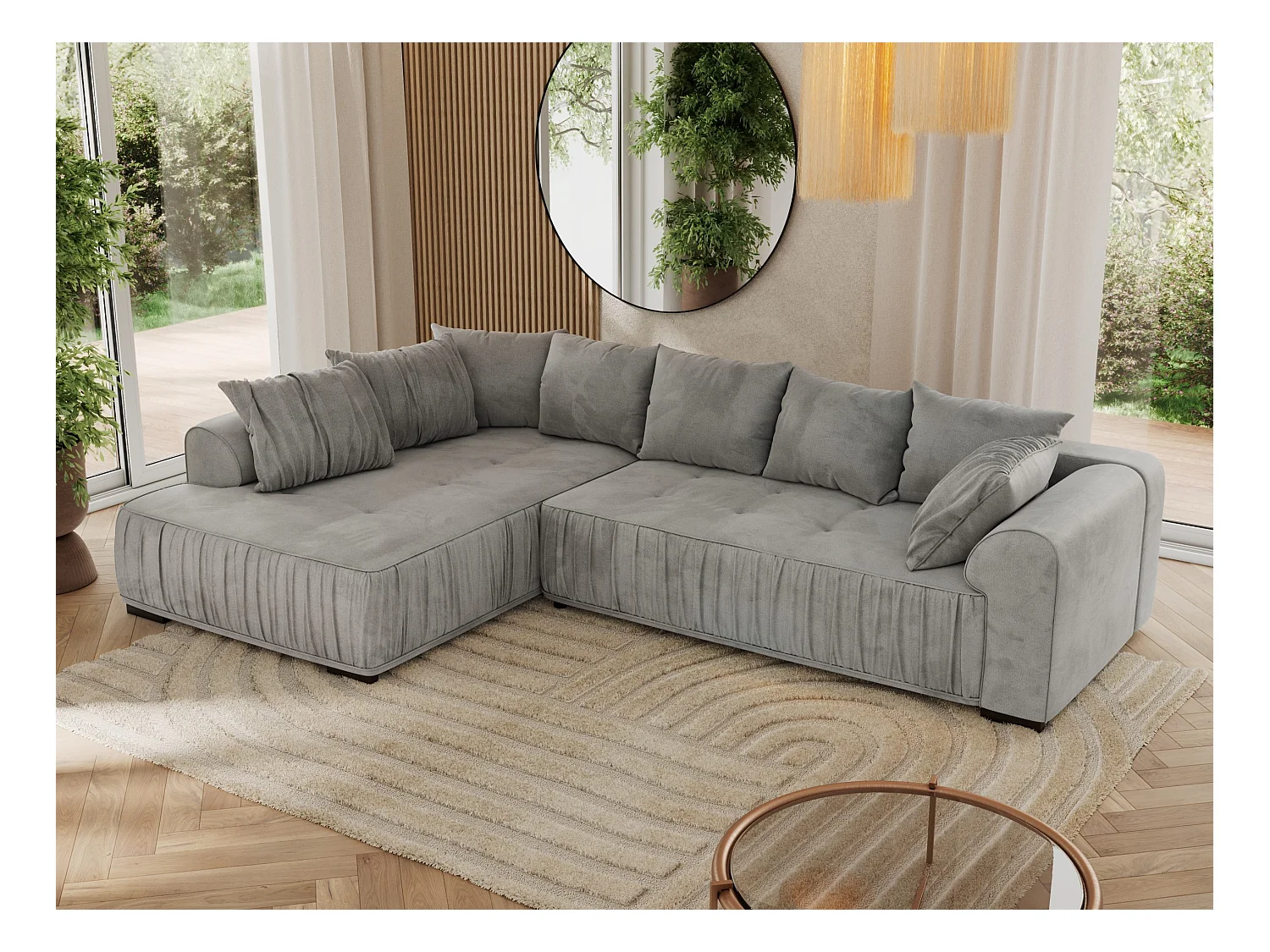 Ecksofa ORTA - Schlaffunktion und Bettkasten, lose Kissen, gesteppter Sitz, L-förmige Ecke - Hellgrau Velvet - Ecke Links