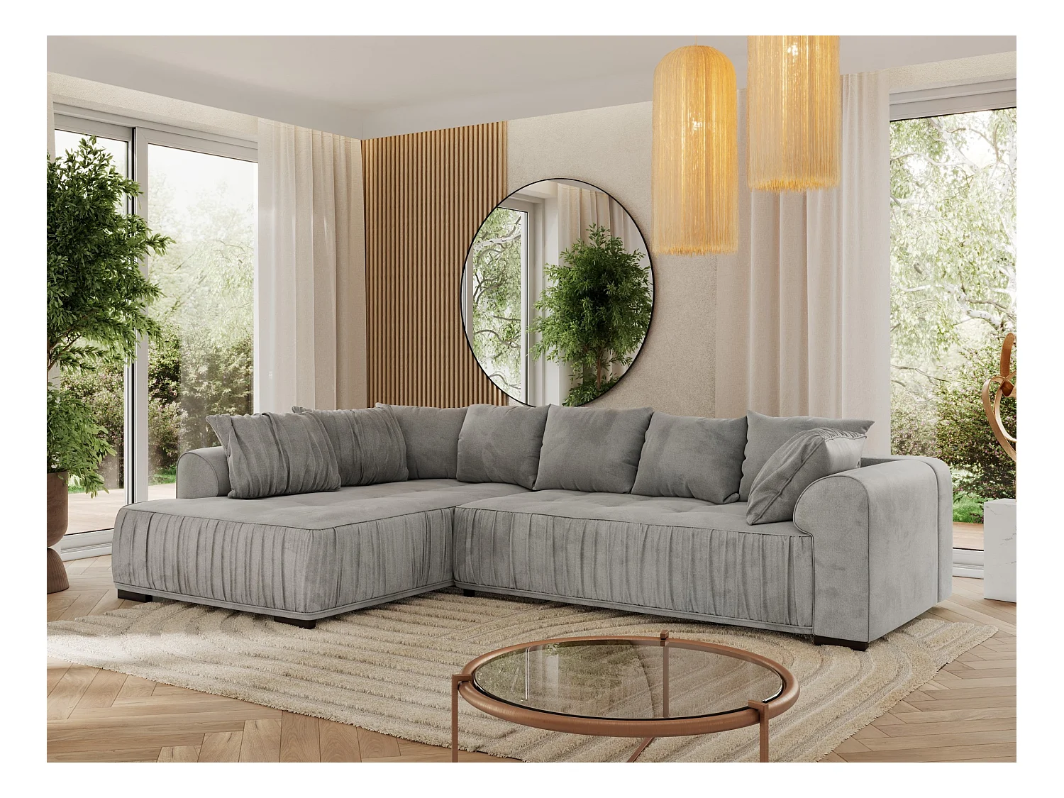 Ecksofa ORTA - Schlaffunktion und Bettkasten, lose Kissen, gesteppter Sitz, L-förmige Ecke - Hellgrau Velvet - Ecke Links