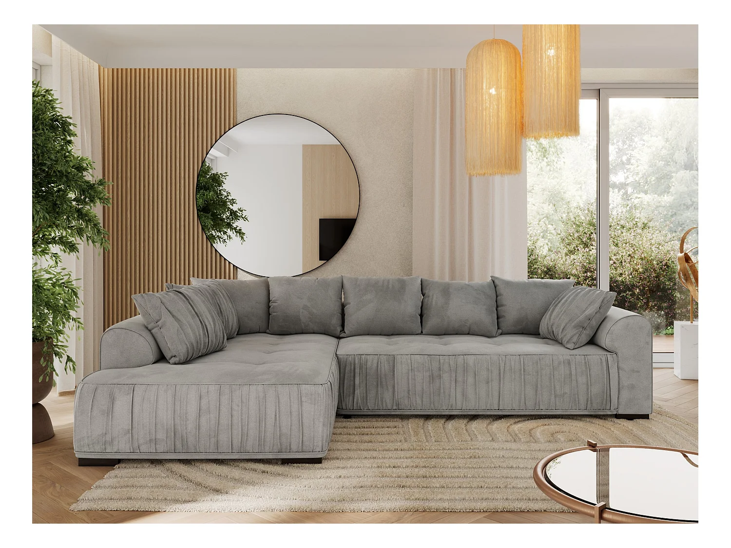 Ecksofa ORTA - Schlaffunktion und Bettkasten, lose Kissen, gesteppter Sitz, L-förmige Ecke - Hellgrau Velvet - Ecke Links