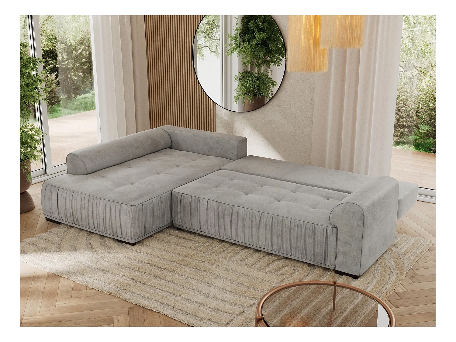 Ecksofa ORTA - Schlaffunktion und Bettkasten, lose Kissen, gesteppter Sitz, L-förmige Ecke - Hellgrau Velvet - Ecke Links