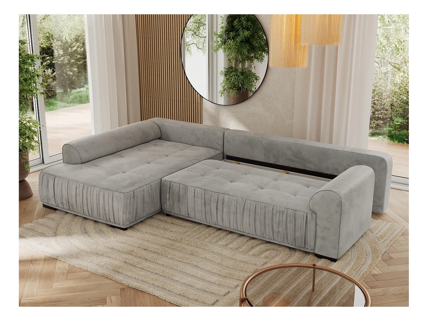 Ecksofa ORTA - Schlaffunktion und Bettkasten, lose Kissen, gesteppter Sitz, L-förmige Ecke - Hellgrau Velvet - Ecke Links