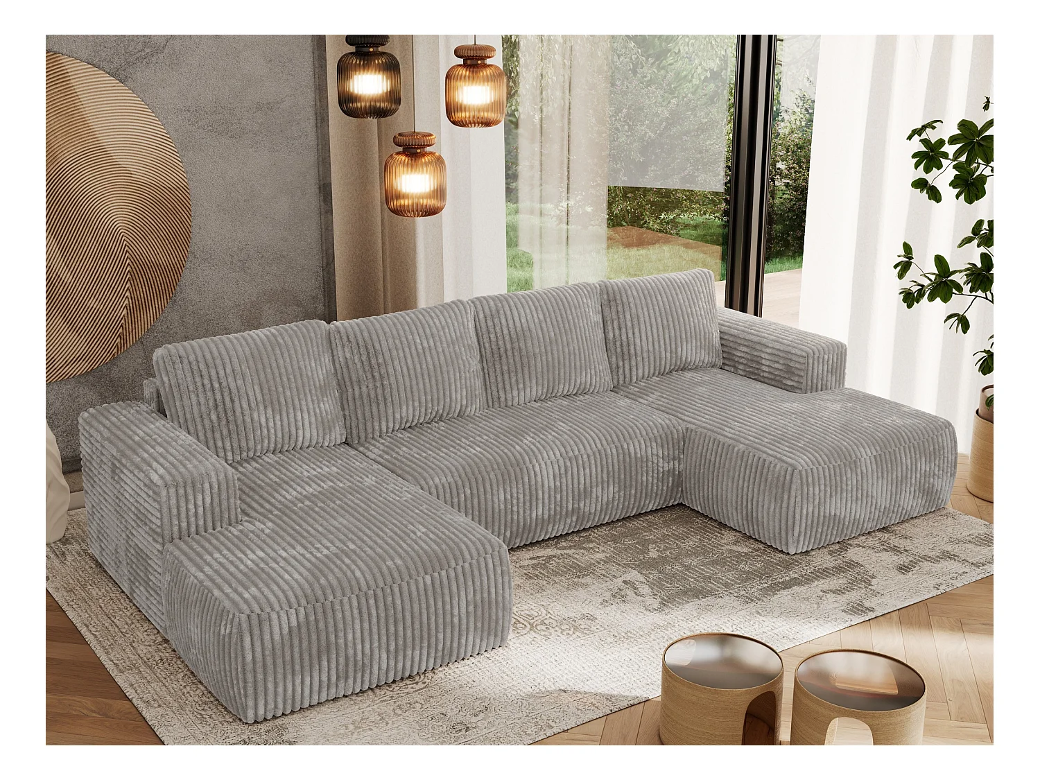 Ecksofa TRENTINO U - mit Schlaffunktion und Bettkasten, U-förmiges Wohnlandschaft, Armlehnen - Hellgrau Cord