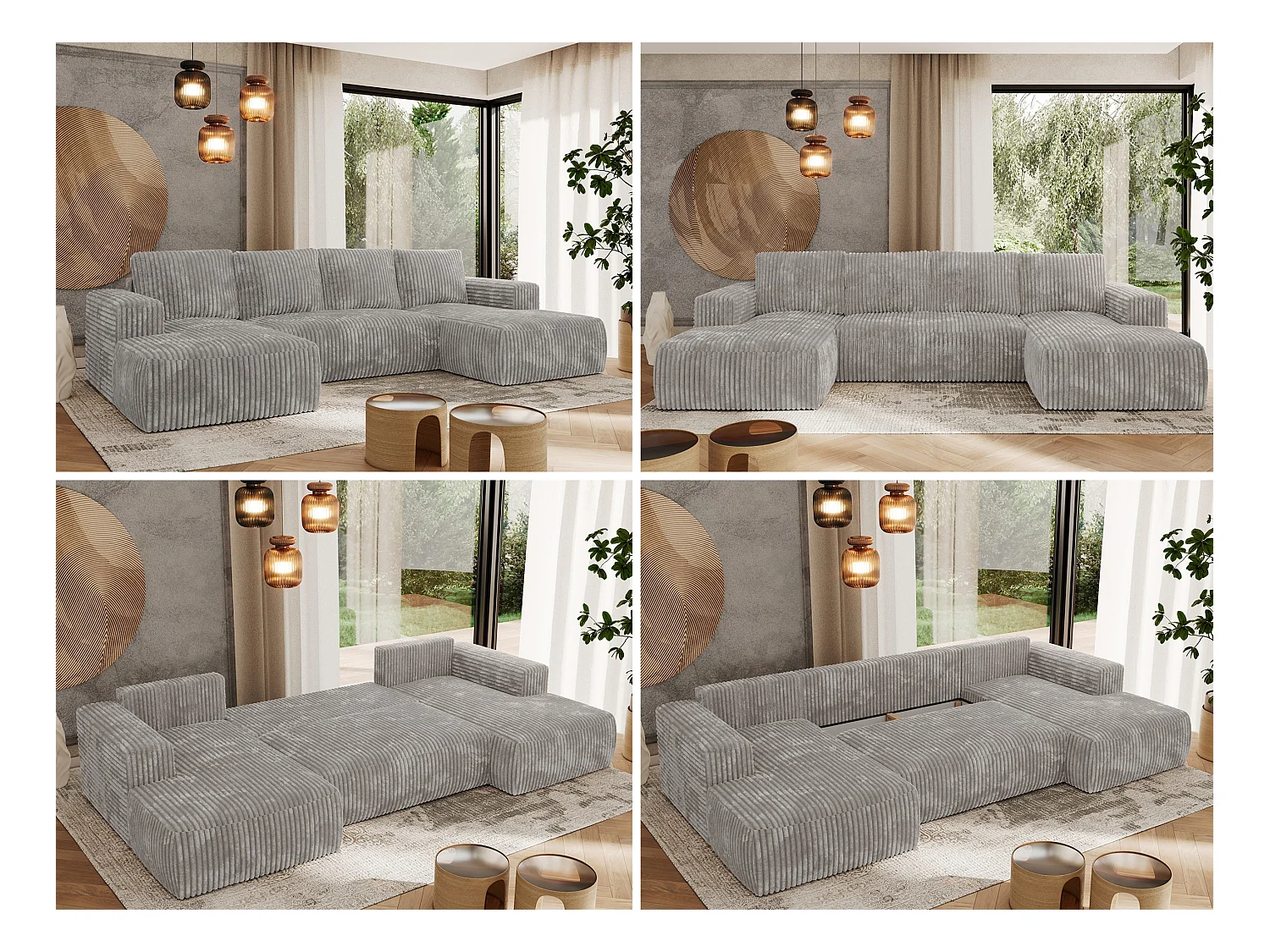 Ecksofa TRENTINO U - mit Schlaffunktion und Bettkasten, U-förmiges Wohnlandschaft, Armlehnen - Hellgrau Cord