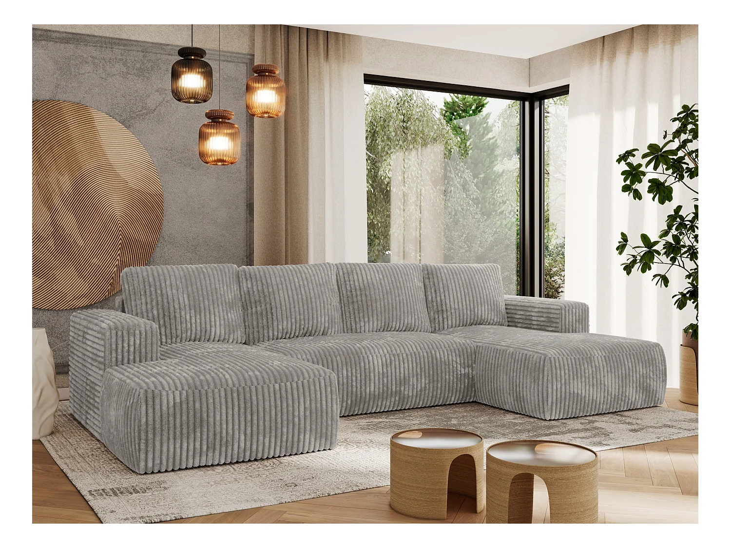 Ecksofa TRENTINO U - mit Schlaffunktion und Bettkasten, U-förmiges Wohnlandschaft, Armlehnen - Hellgrau Cord