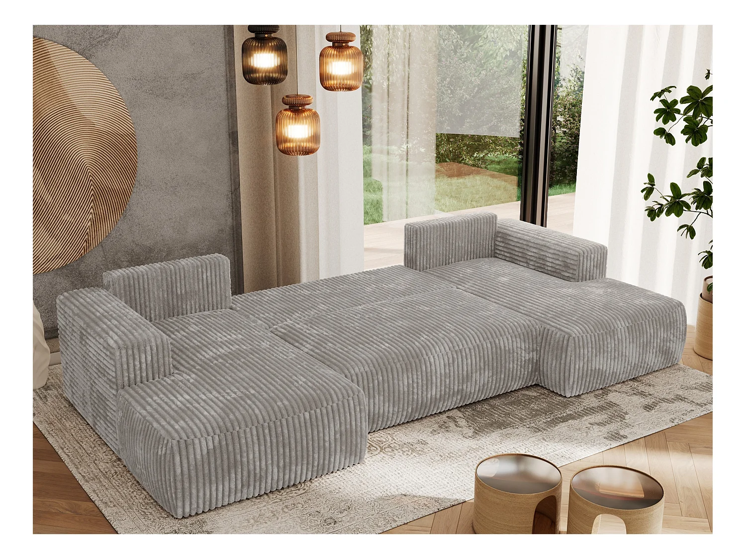 Ecksofa TRENTINO U - mit Schlaffunktion und Bettkasten, U-förmiges Wohnlandschaft, Armlehnen - Hellgrau Cord