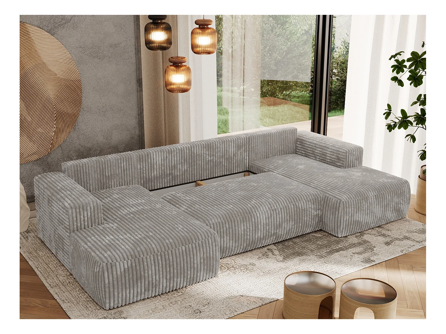 Ecksofa TRENTINO U - mit Schlaffunktion und Bettkasten, U-förmiges Wohnlandschaft, Armlehnen - Hellgrau Cord