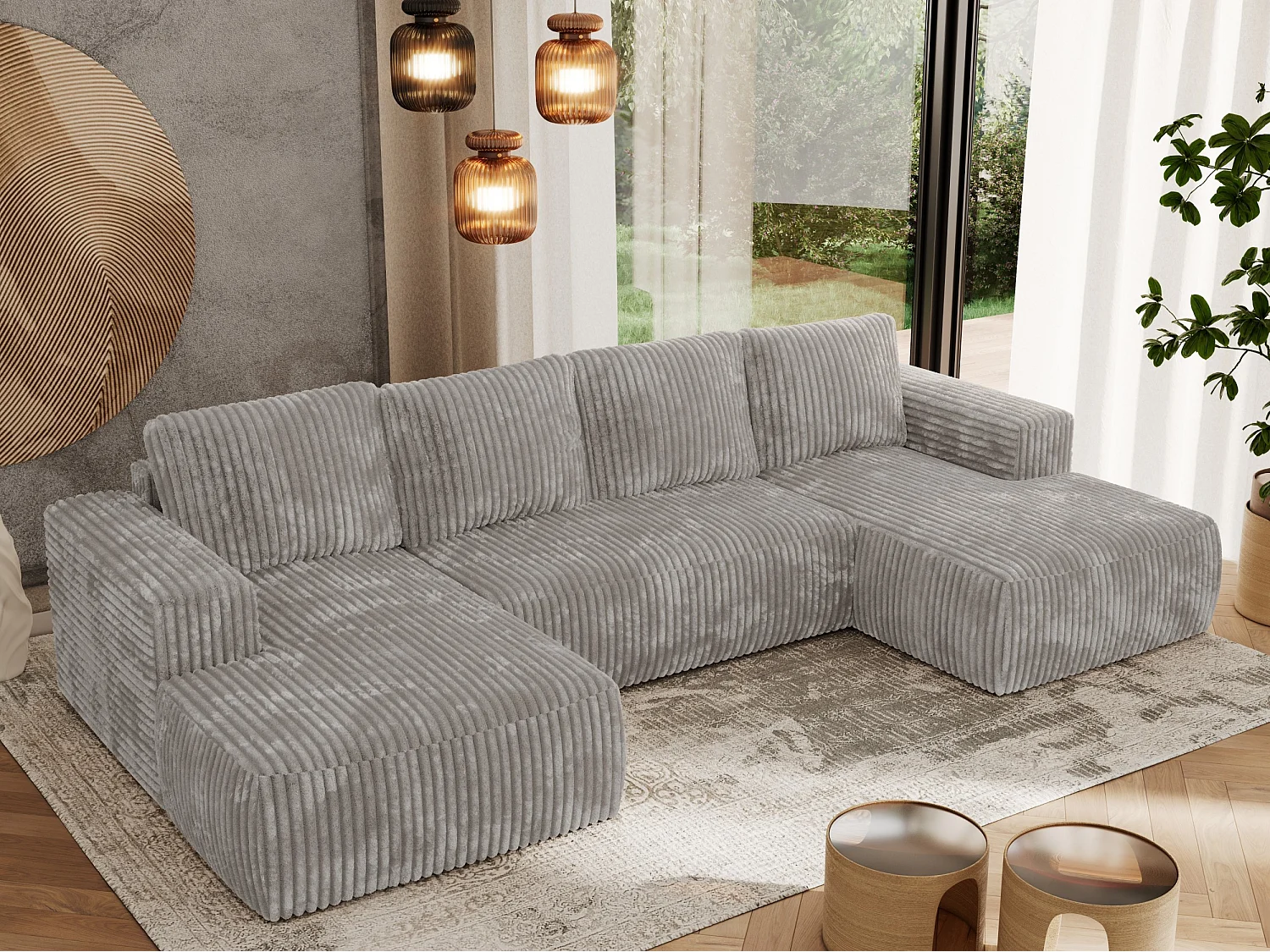 Ecksofa TRENTINO U - mit Schlaffunktion und Bettkasten, U-förmiges Wohnlandschaft, Armlehnen - Hellgrau Cord