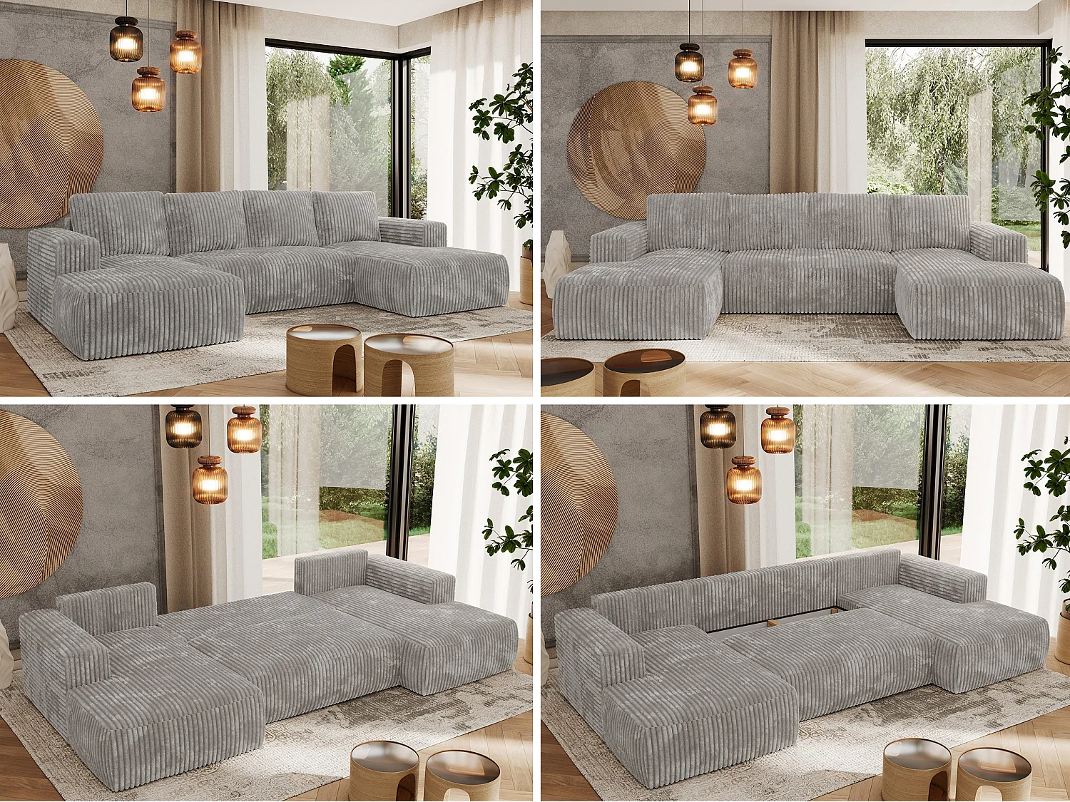 Ecksofa TRENTINO U - mit Schlaffunktion und Bettkasten, U-förmiges Wohnlandschaft, Armlehnen - Hellgrau Cord