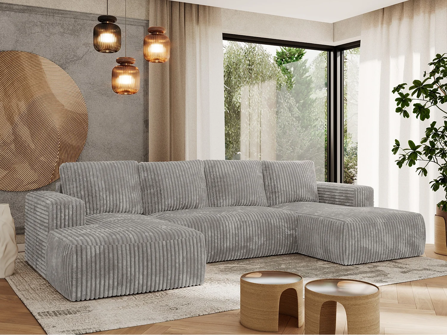 Ecksofa TRENTINO U - mit Schlaffunktion und Bettkasten, U-förmiges Wohnlandschaft, Armlehnen - Hellgrau Cord