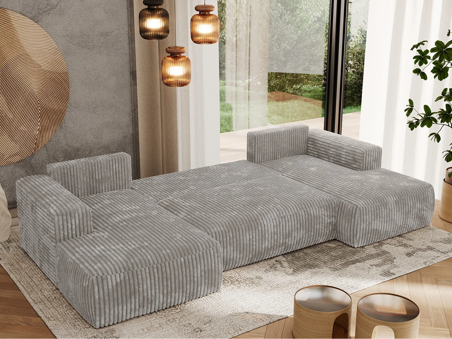 Ecksofa TRENTINO U - mit Schlaffunktion und Bettkasten, U-förmiges Wohnlandschaft, Armlehnen - Hellgrau Cord