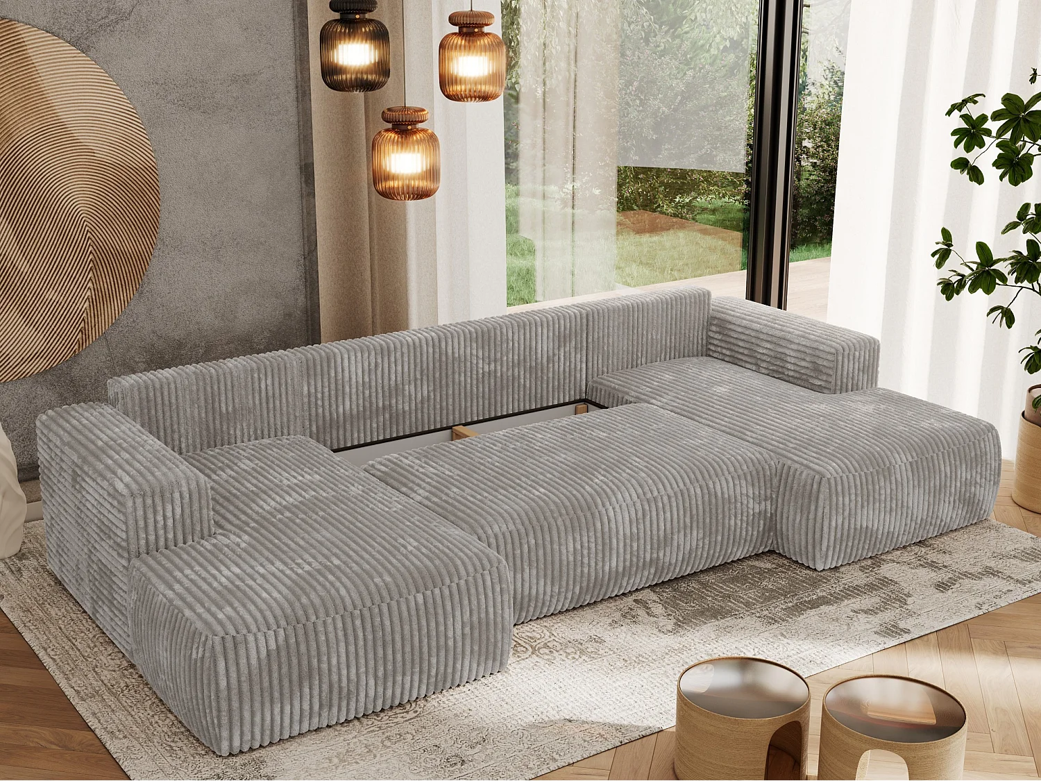 Ecksofa TRENTINO U - mit Schlaffunktion und Bettkasten, U-förmiges Wohnlandschaft, Armlehnen - Hellgrau Cord