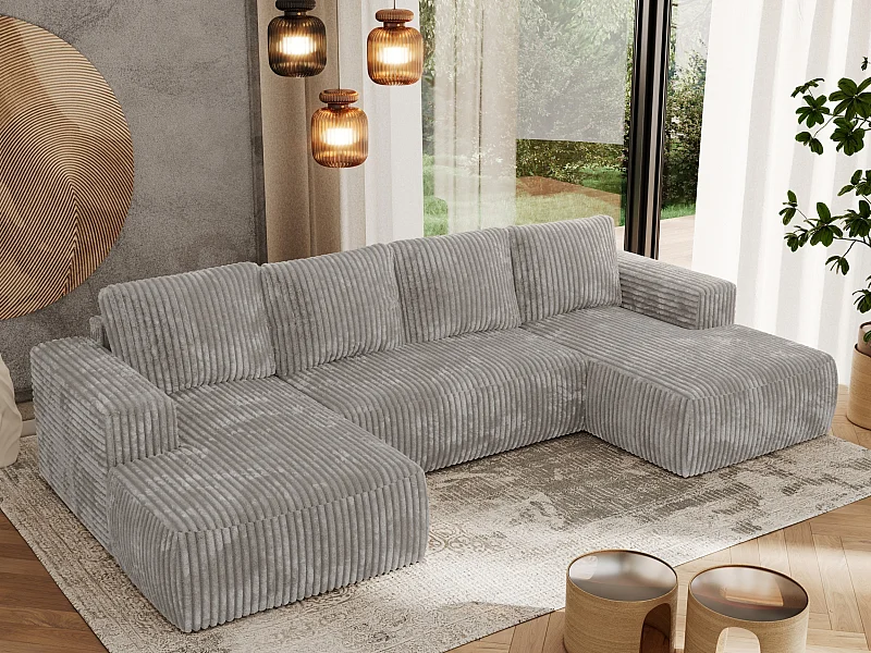 Ecksofa TRENTINO U - mit Schlaffunktion und Bettkasten, U-förmiges Wohnlandschaft, Armlehnen - Hellgrau Cord