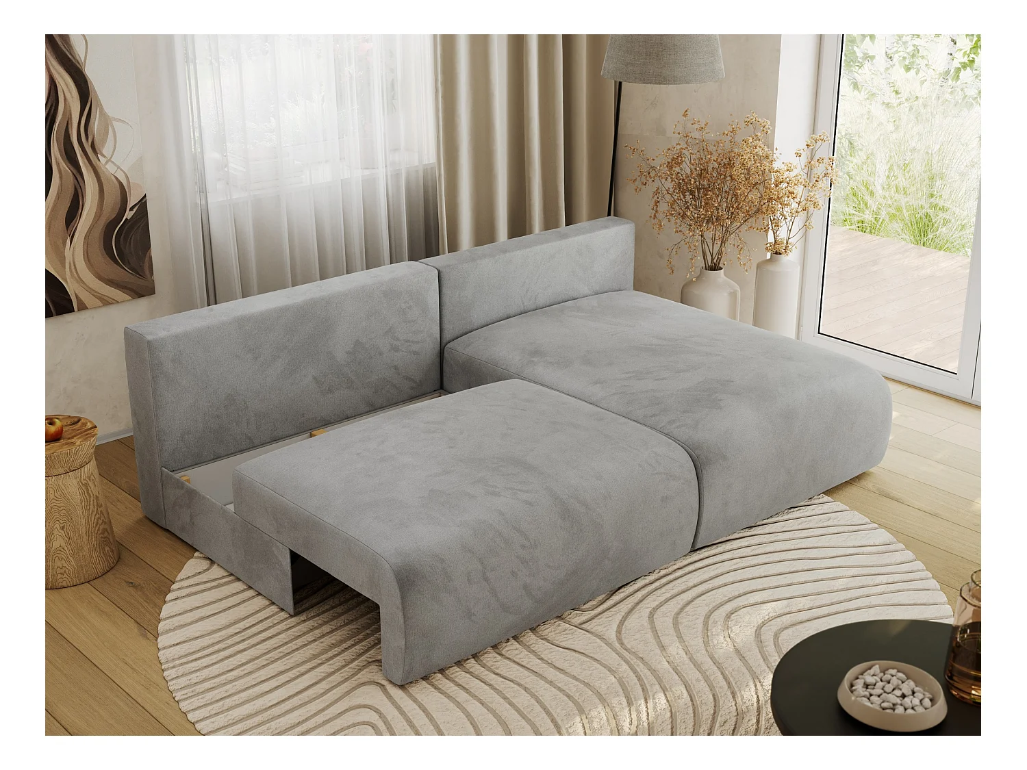 Ecksofa VIVO - L-form Couch mit Schlaffunktion und Bettkasten, Wellenfeder - Hellgrau Velvet - Ecke Rechts