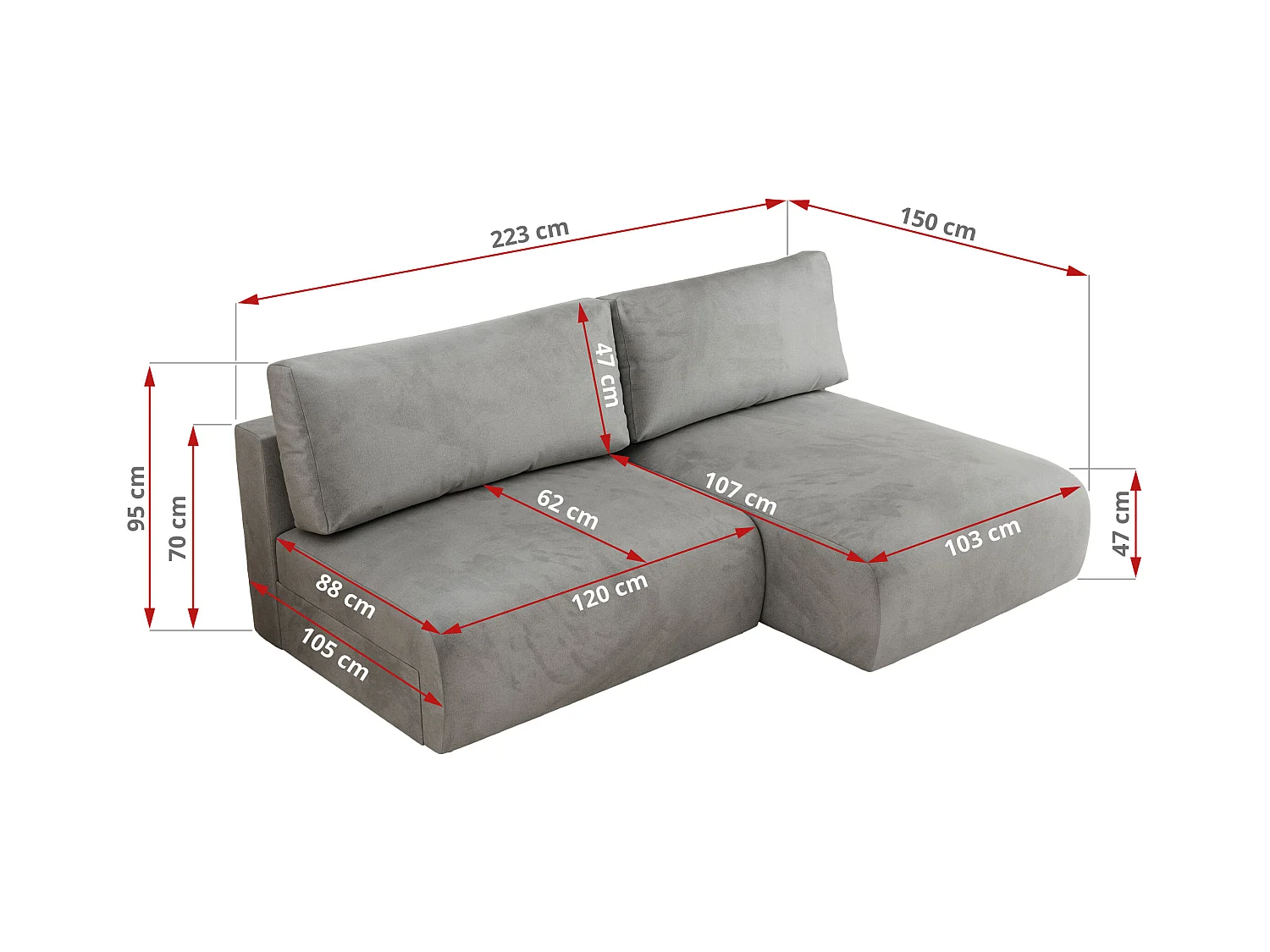 Ecksofa VIVO - L-form Couch mit Schlaffunktion und Bettkasten, Wellenfeder - Hellgrau Velvet - Ecke Rechts