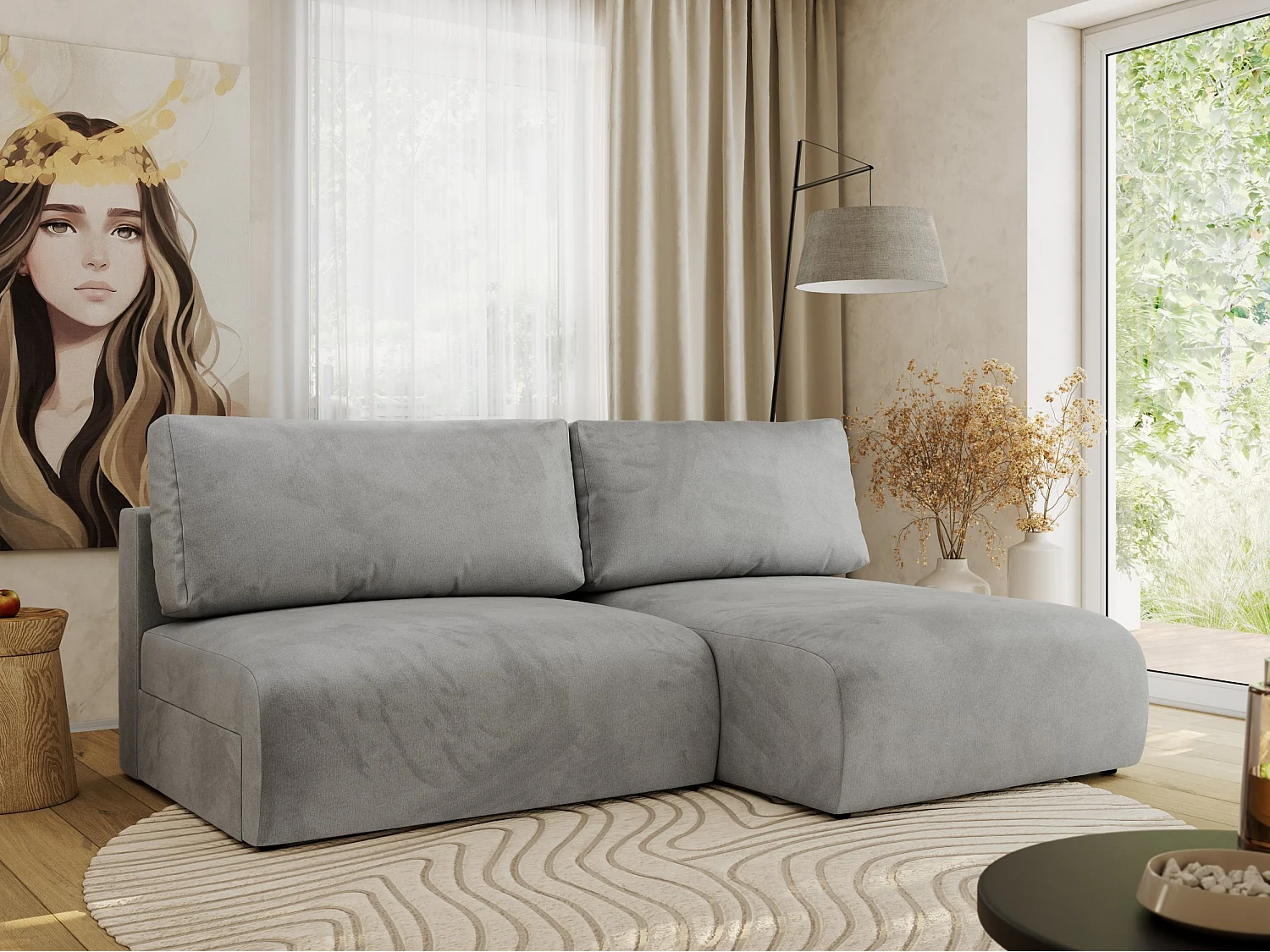 Ecksofa VIVO - L-form Couch mit Schlaffunktion und Bettkasten, Wellenfeder - Hellgrau Velvet - Ecke Rechts