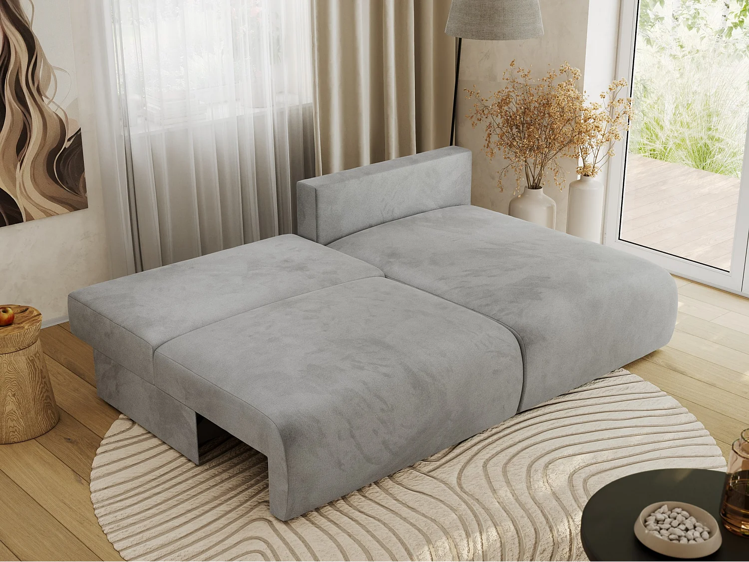 Ecksofa VIVO - L-form Couch mit Schlaffunktion und Bettkasten, Wellenfeder - Hellgrau Velvet - Ecke Rechts