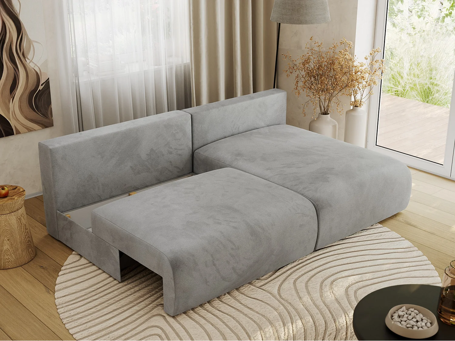 Ecksofa VIVO - L-form Couch mit Schlaffunktion und Bettkasten, Wellenfeder - Hellgrau Velvet - Ecke Rechts