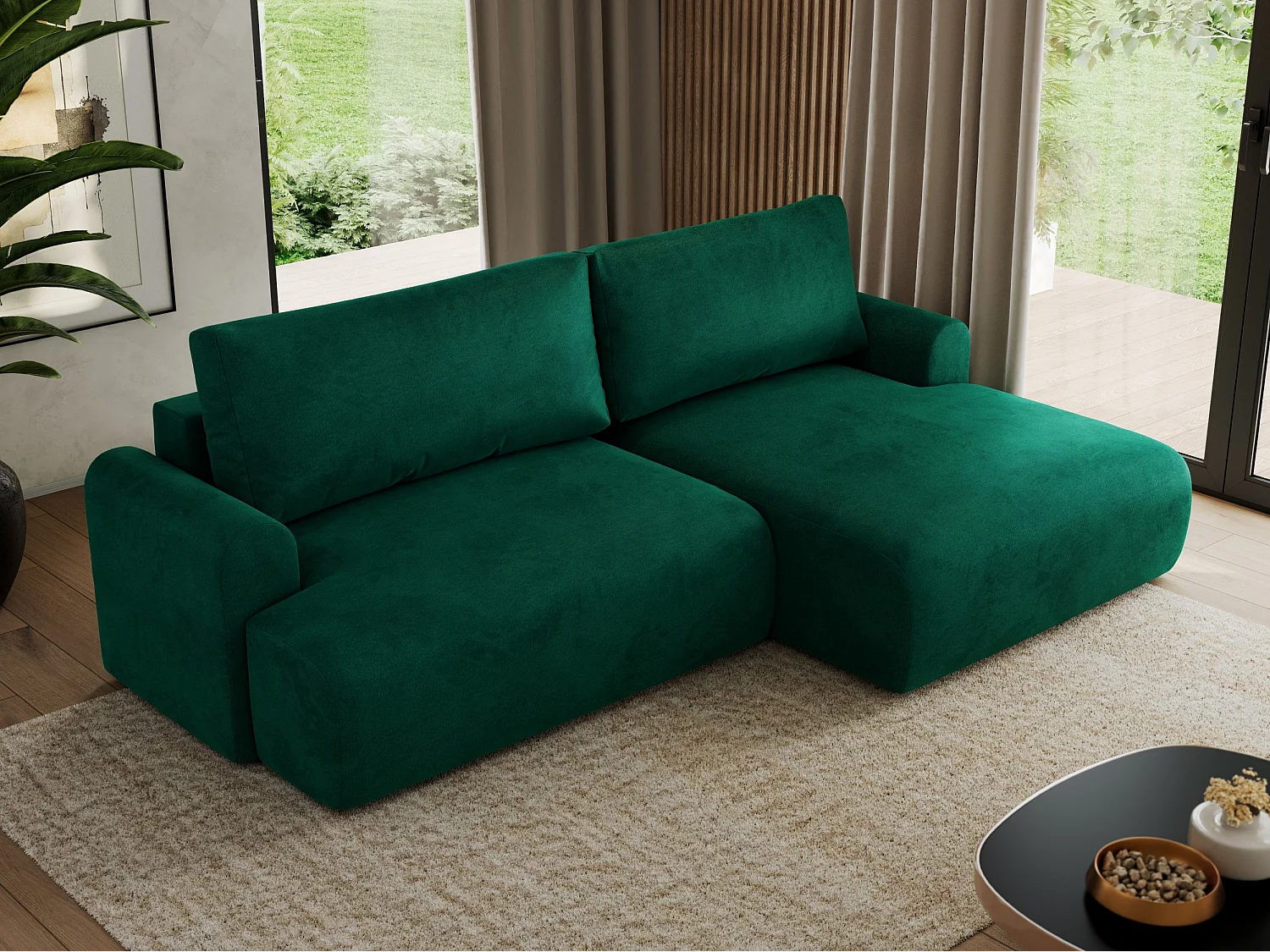 Ecksofa TONO - mit Schlaffunktion und Bettkasten, L-form Ecke, Armlehnen - Dunkelgrün Velvet - Ecke Rechts