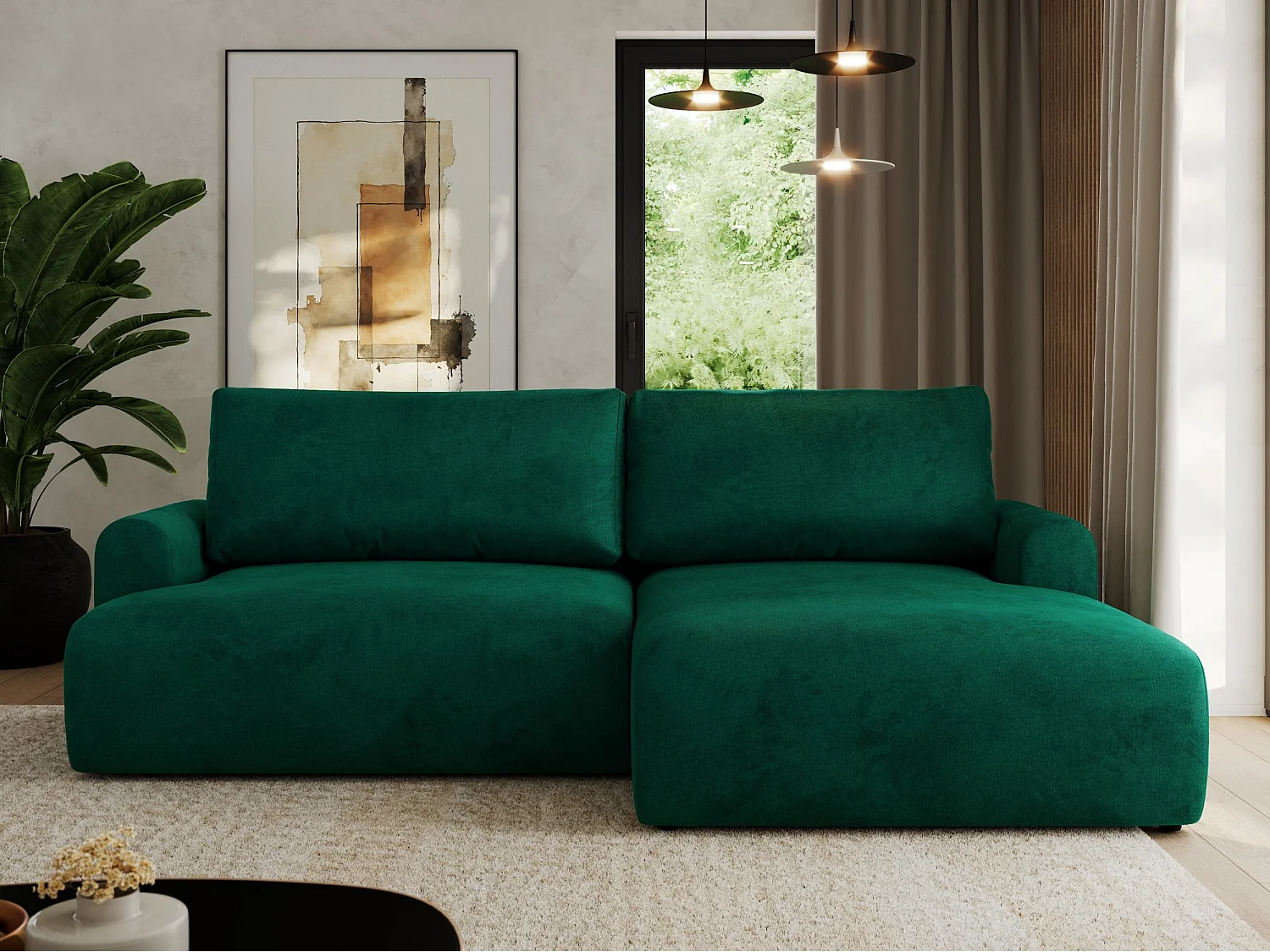 Ecksofa TONO - mit Schlaffunktion und Bettkasten, L-form Ecke, Armlehnen - Dunkelgrün Velvet - Ecke Rechts