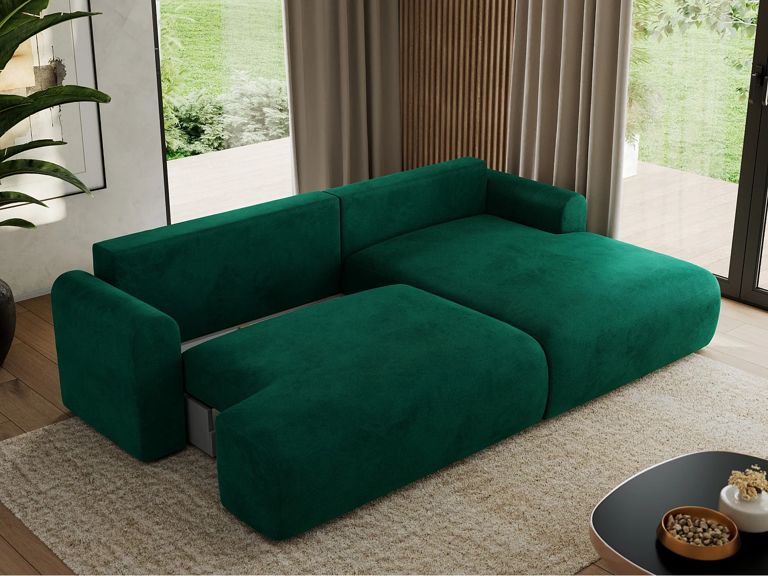 Ecksofa TONO - mit Schlaffunktion und Bettkasten, L-form Ecke, Armlehnen - Dunkelgrün Velvet - Ecke Rechts