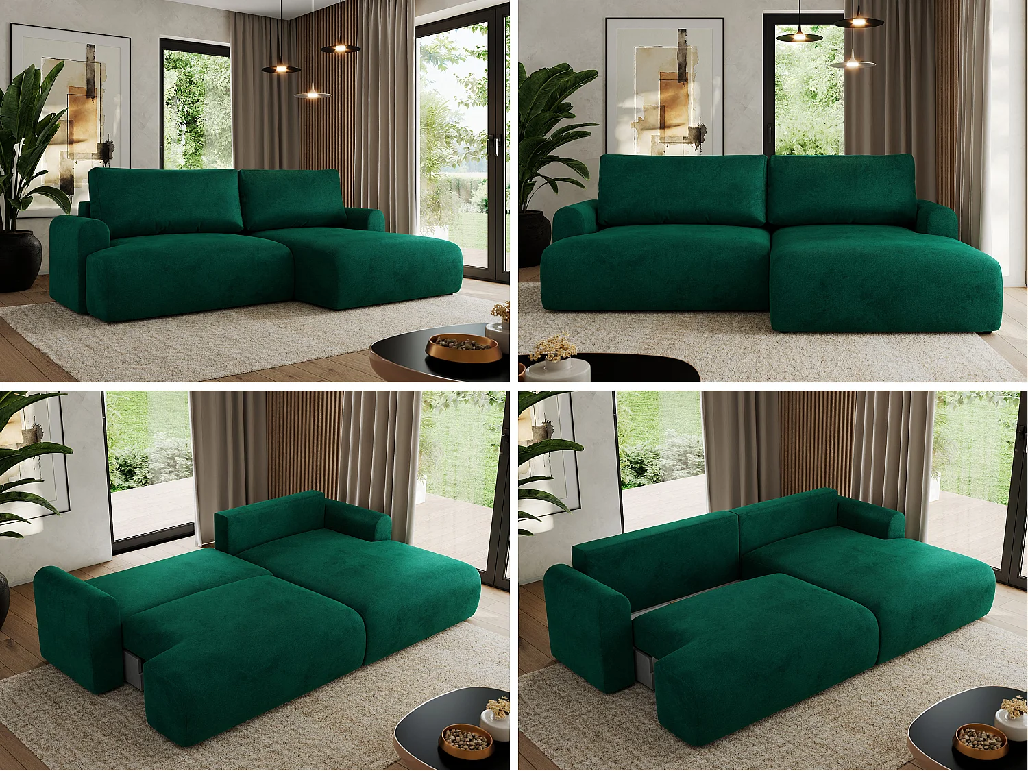 Ecksofa TONO - mit Schlaffunktion und Bettkasten, L-form Ecke, Armlehnen - Dunkelgrün Velvet - Ecke Rechts