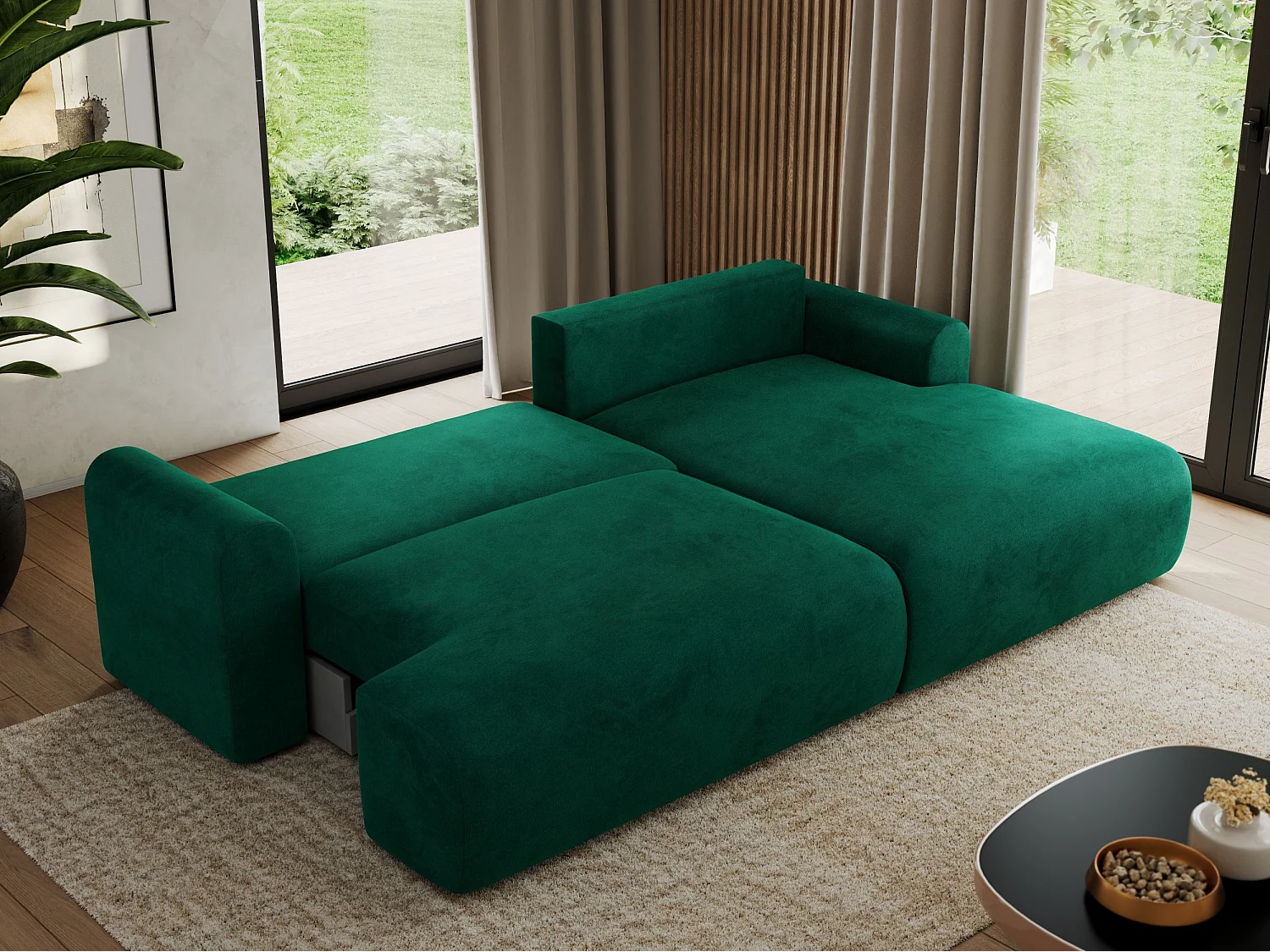 Ecksofa TONO - mit Schlaffunktion und Bettkasten, L-form Ecke, Armlehnen - Dunkelgrün Velvet - Ecke Rechts