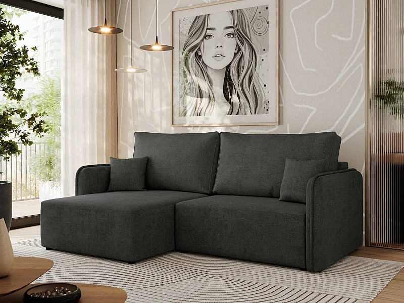 Ecksofa MESTO - Schlaffunktion und Bettkasten, L-form Couch für das Wohnzimmer, Armlehnen - Dunkelgrau Struktur - Ecke Links