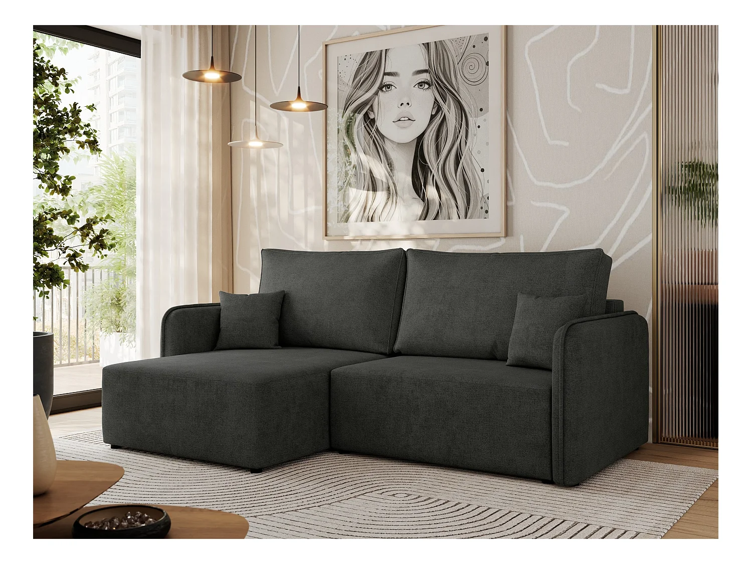 Ecksofa MESTO - Schlaffunktion und Bettkasten, L-form Couch für das Wohnzimmer, Armlehnen - Dunkelgrau Struktur - Ecke Links