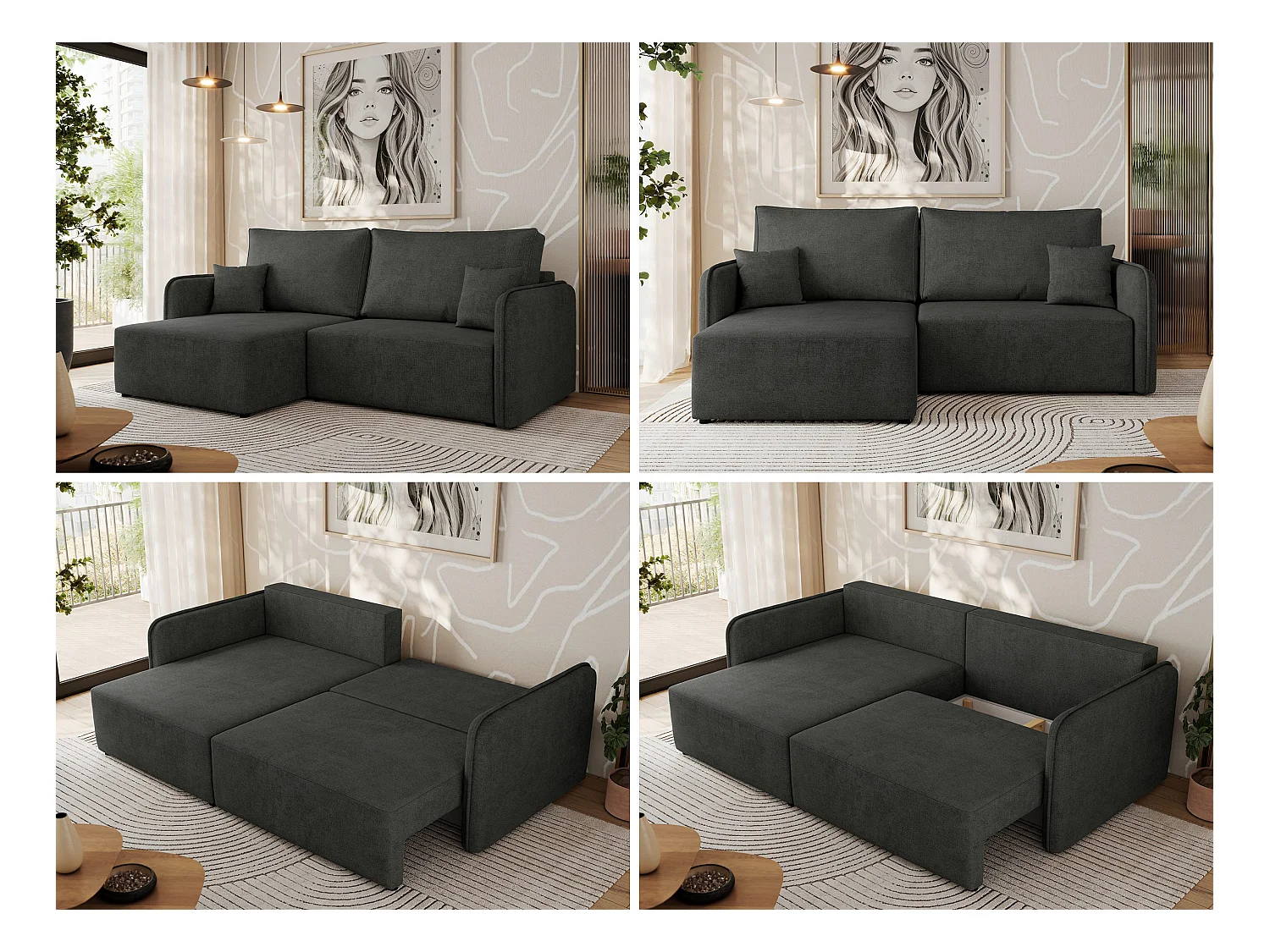 Ecksofa MESTO - Schlaffunktion und Bettkasten, L-form Couch für das Wohnzimmer, Armlehnen - Dunkelgrau Struktur - Ecke Links