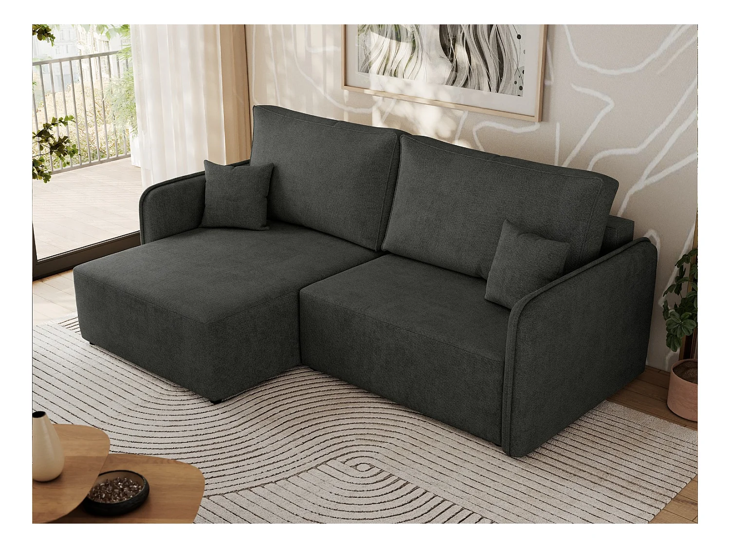 Ecksofa MESTO - Schlaffunktion und Bettkasten, L-form Couch für das Wohnzimmer, Armlehnen - Dunkelgrau Struktur - Ecke Links