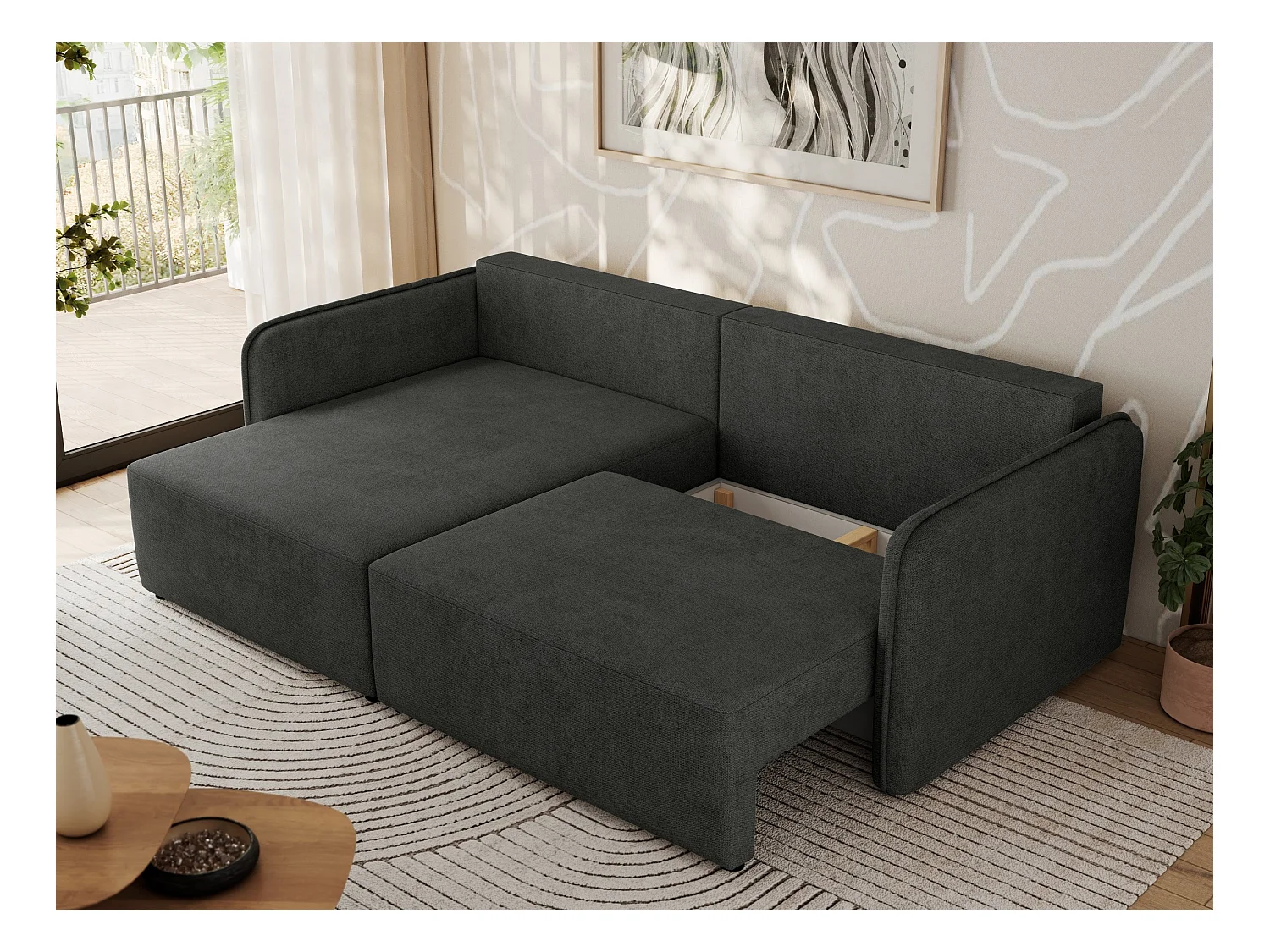 Ecksofa MESTO - Schlaffunktion und Bettkasten, L-form Couch für das Wohnzimmer, Armlehnen - Dunkelgrau Struktur - Ecke Links