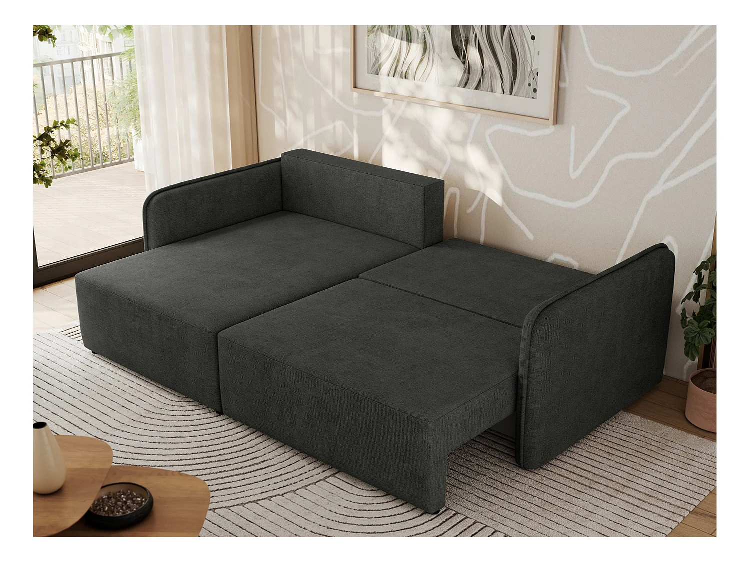 Ecksofa MESTO - Schlaffunktion und Bettkasten, L-form Couch für das Wohnzimmer, Armlehnen - Dunkelgrau Struktur - Ecke Links