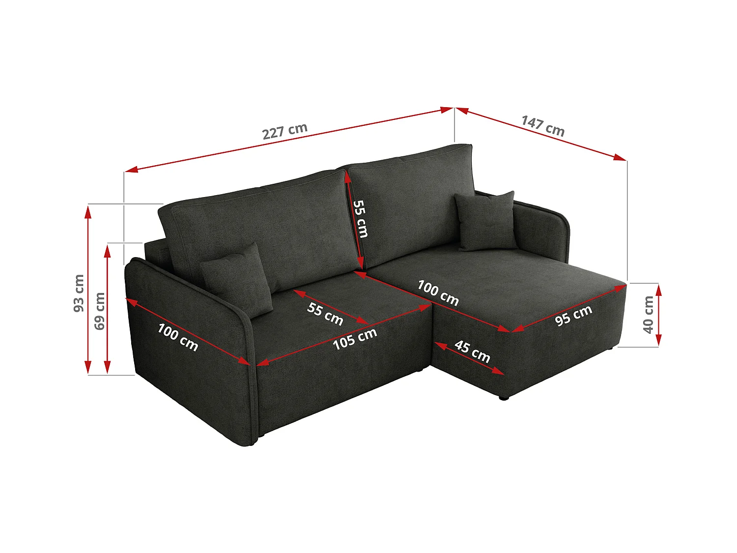 Ecksofa MESTO - Schlaffunktion und Bettkasten, L-form Couch für das Wohnzimmer, Armlehnen - Dunkelgrau Struktur - Ecke Links