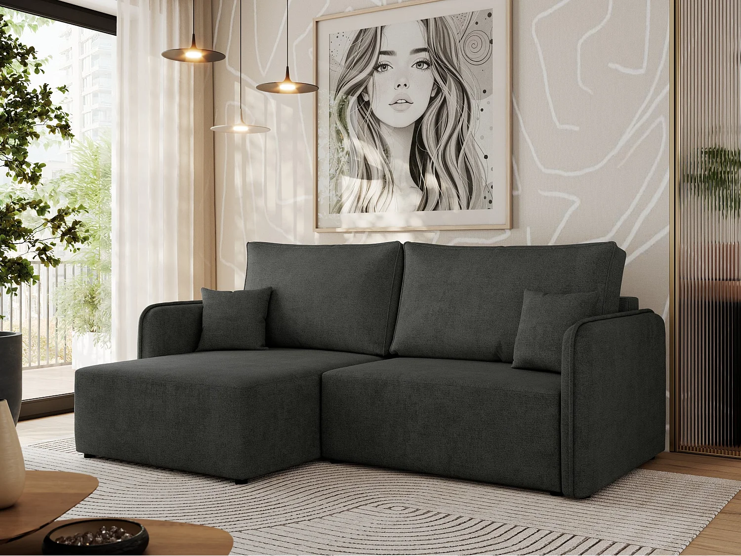 Ecksofa MESTO - Schlaffunktion und Bettkasten, L-form Couch für das Wohnzimmer, Armlehnen - Dunkelgrau Struktur - Ecke Links