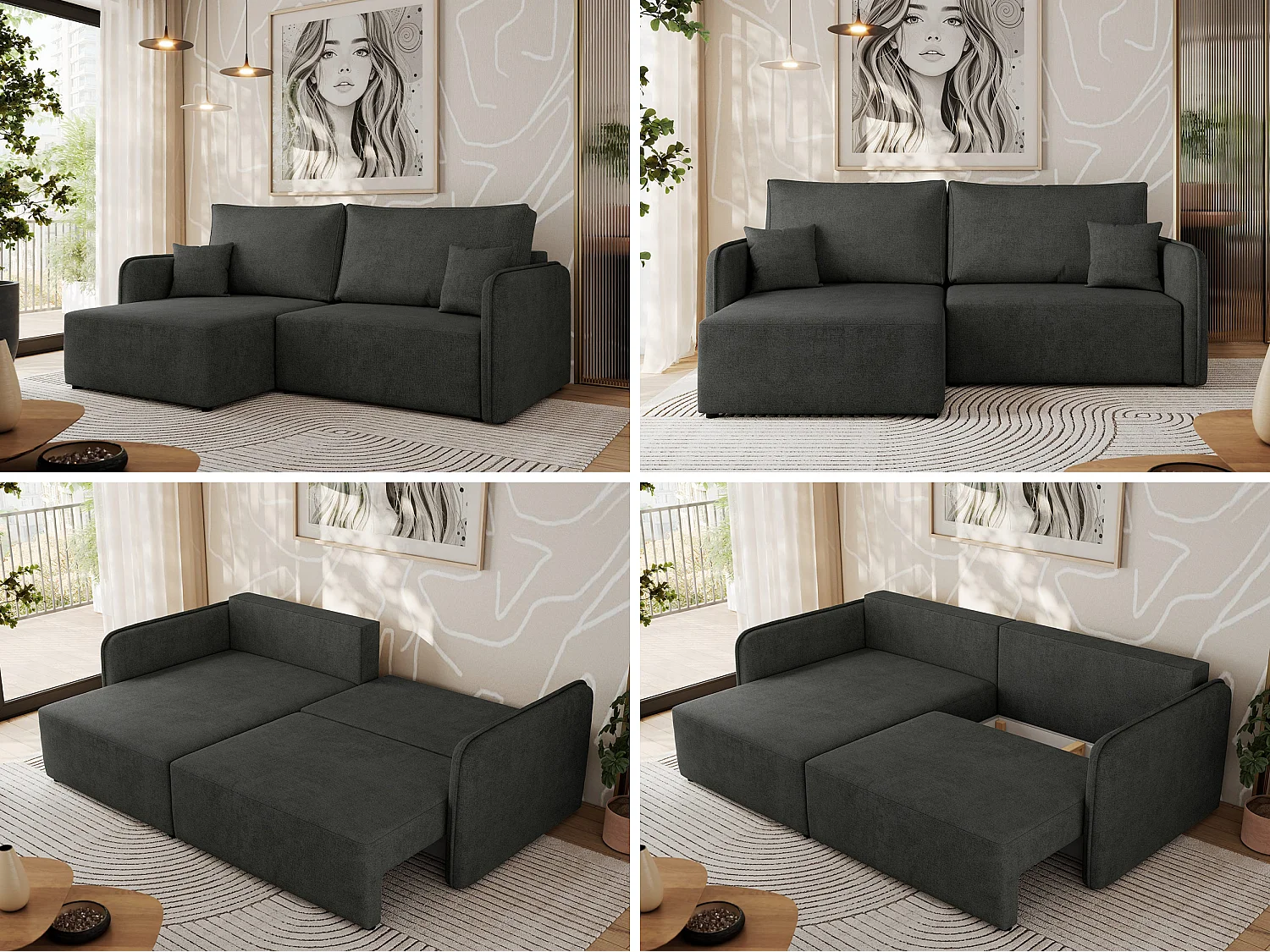 Ecksofa MESTO - Schlaffunktion und Bettkasten, L-form Couch für das Wohnzimmer, Armlehnen - Dunkelgrau Struktur - Ecke Links