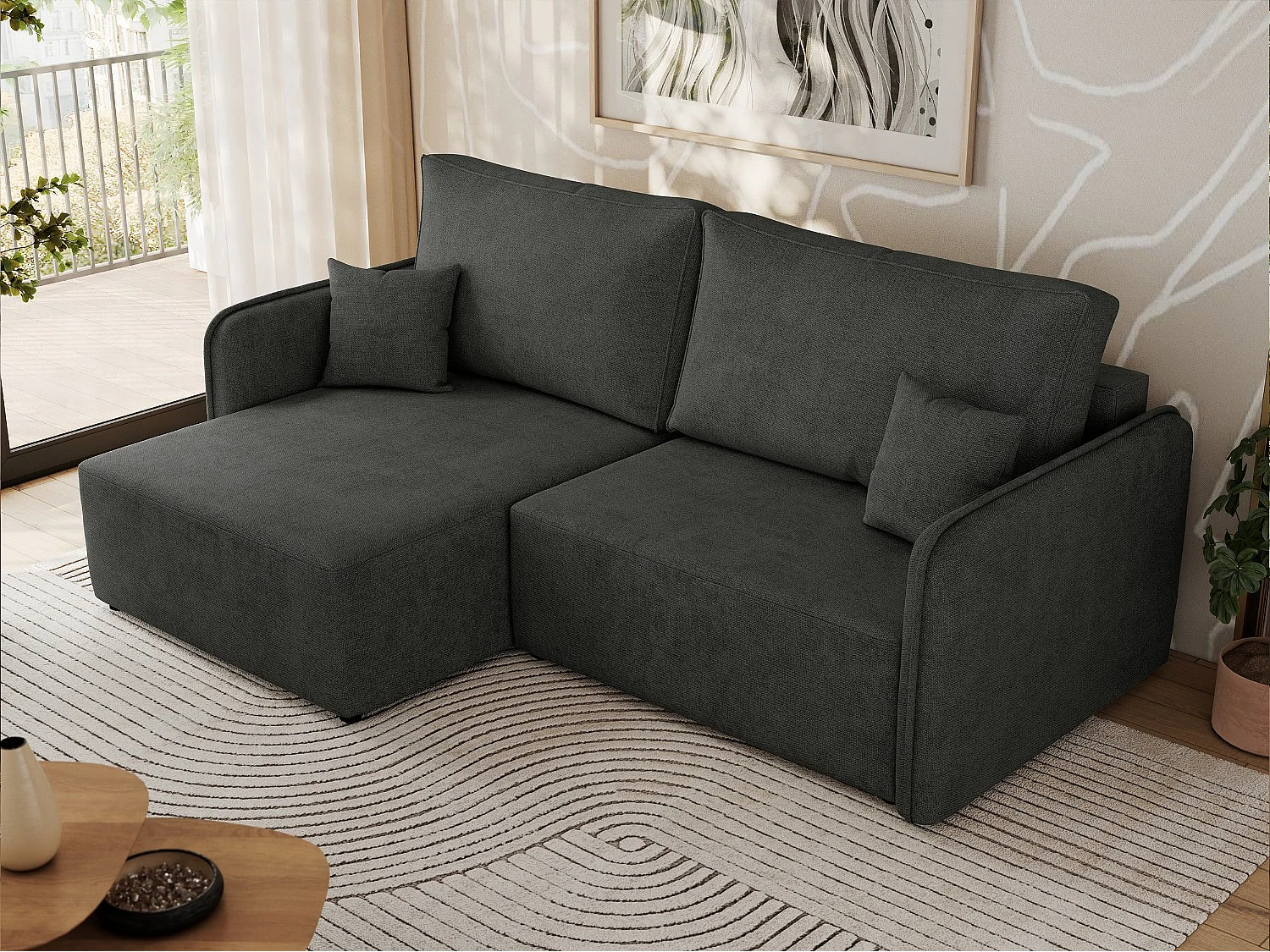 Ecksofa MESTO - Schlaffunktion und Bettkasten, L-form Couch für das Wohnzimmer, Armlehnen - Dunkelgrau Struktur - Ecke Links