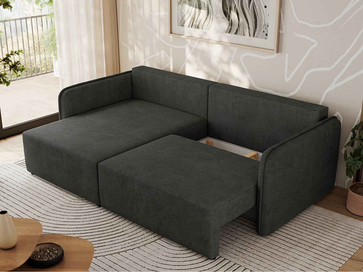 Ecksofa MESTO - Schlaffunktion und Bettkasten, L-form Couch für das Wohnzimmer, Armlehnen - Dunkelgrau Struktur - Ecke Links